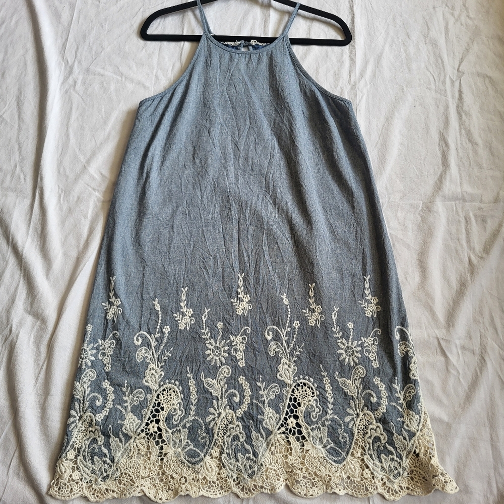 High Neck Chambray Dress W/White Eyelet Lace &Embroidery SzM Cottagecore Boho